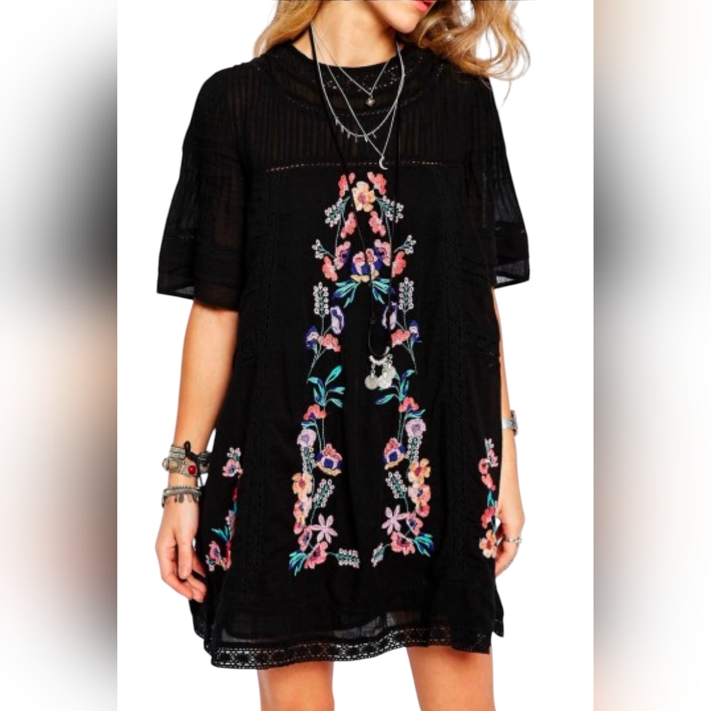 Free People Victorian Floral Embroidered Smock Mini Dress | XS | Black Boho  App